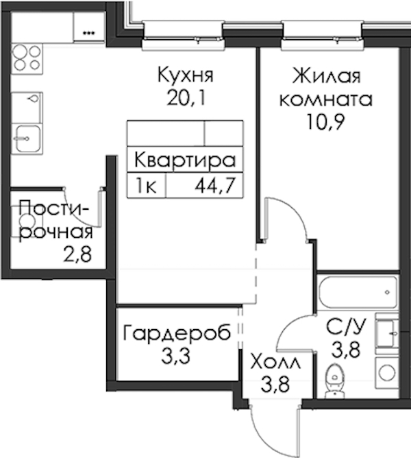 1-комнатная квартира 44.7 м², 7/8 эт., ЖК «Шкиперский 19»